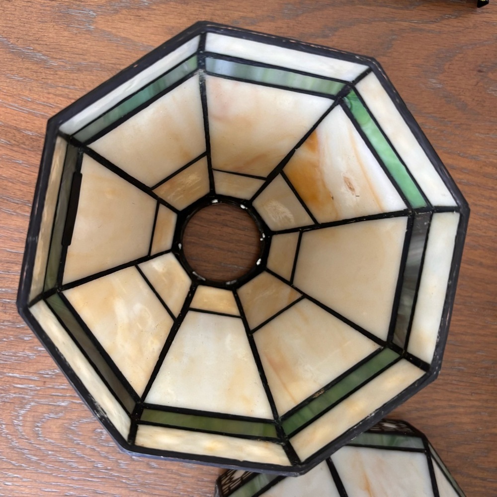 Stained Glass Mosaic Table Lamp Shade Pair in Ivory and Green - Picture 3 of 8